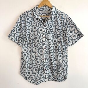 Outerknown BBQ Shirt Blue White Camp Button Up Organic Cotton Hemp Floral Sz M